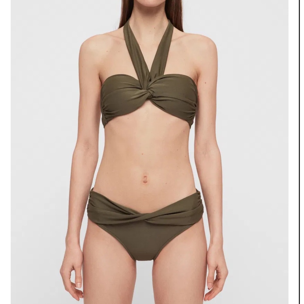 AllSaints Olive Green Libbie Halter Bikini Set w Twist and Knot Detail Worn 1x